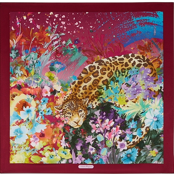 Salvatore Ferragamo Scarf Leopard in Flower Garden Burgundy Wine Wrap - Picture 2 of 16